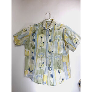 80s 90s New Wave Casey & Max short sleeve shirt Floral Blue Yellow Tulip pattern